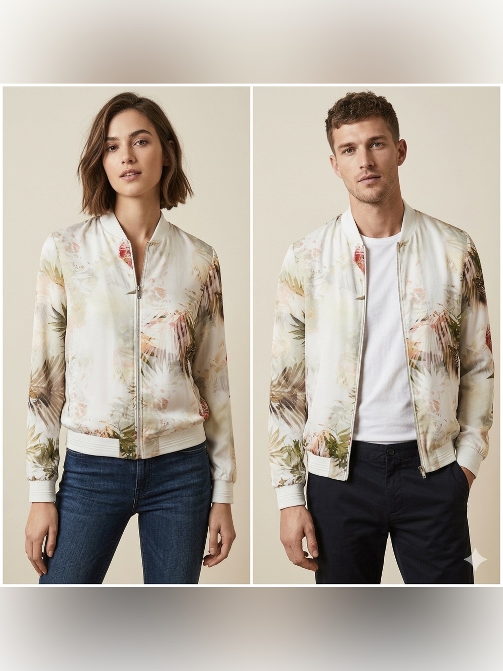 Zara Tropical Print Bomber Jacket - White and Green